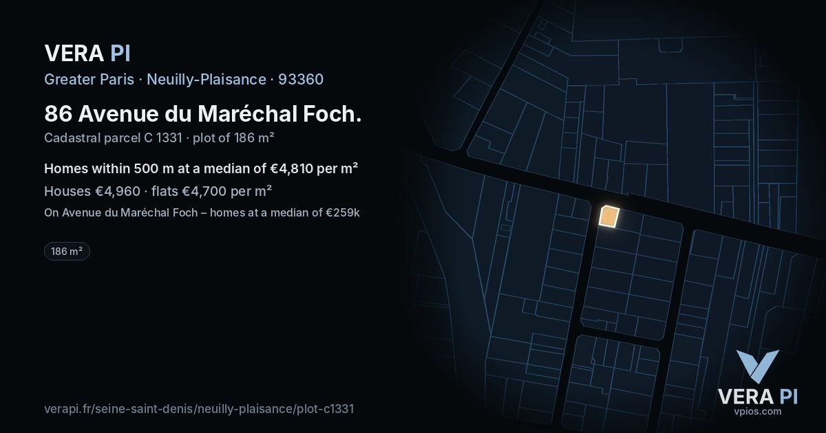 86 Avenue du Maréchal Foch, Neuilly-Plaisance at night – the plot lit, the parcels around coloured by the prices near them