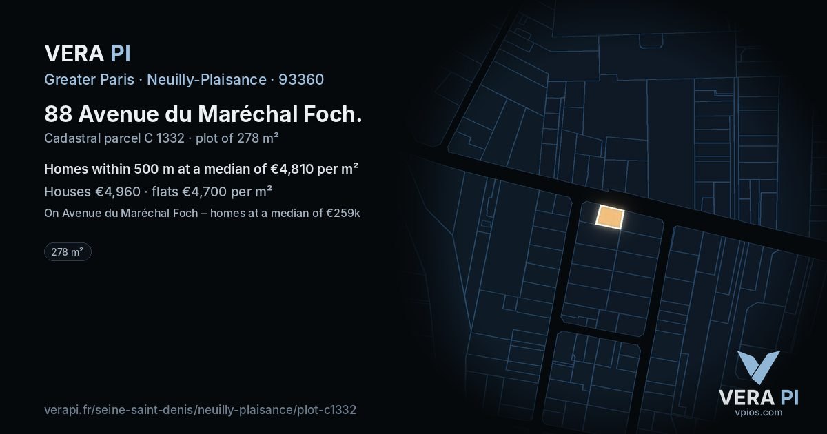 88 Avenue du Maréchal Foch, Neuilly-Plaisance at night – the plot lit, the parcels around coloured by the prices near them