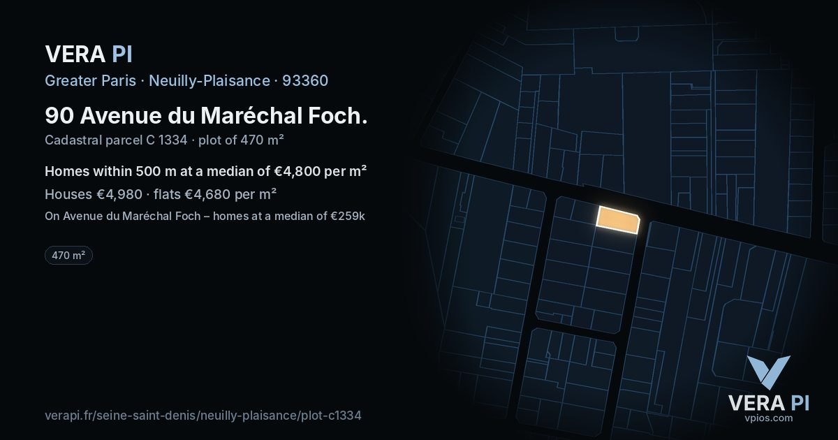 90 Avenue du Maréchal Foch, Neuilly-Plaisance at night – the plot lit, the parcels around coloured by the prices near them
