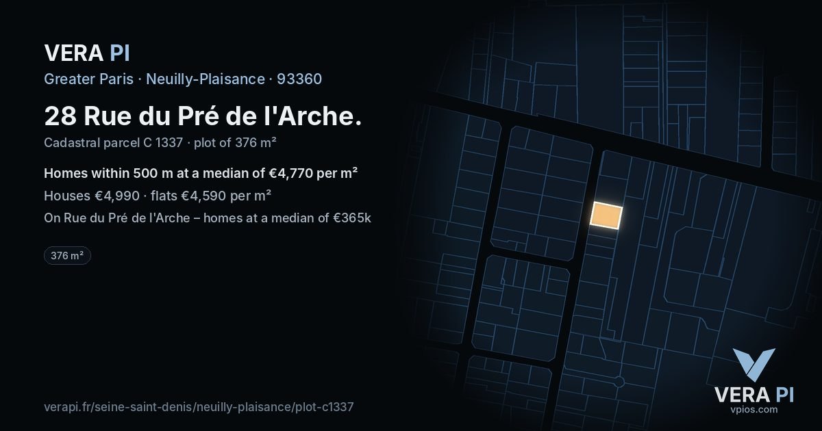 28 Rue du Pré de l'Arche, Neuilly-Plaisance at night – the plot lit, the parcels around coloured by the prices near them
