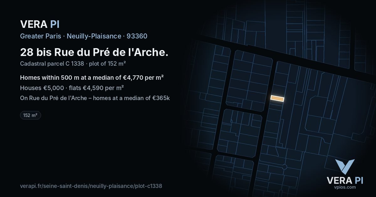 28 bis Rue du Pré de l'Arche, Neuilly-Plaisance at night – the plot lit, the parcels around coloured by the prices near them