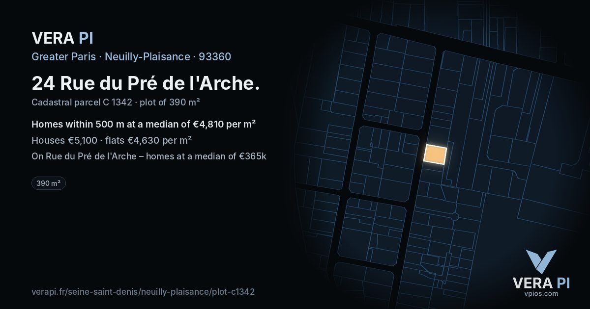 24 Rue du Pré de l'Arche, Neuilly-Plaisance at night – the plot lit, the parcels around coloured by the prices near them