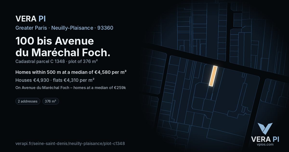 100 bis Avenue du Maréchal Foch, Neuilly-Plaisance at night – the plot lit, the parcels around coloured by the prices near them