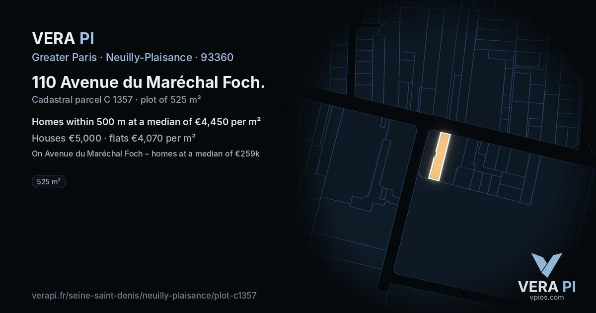 110 Avenue du Maréchal Foch, Neuilly-Plaisance at night – the plot lit, the parcels around coloured by the prices near them
