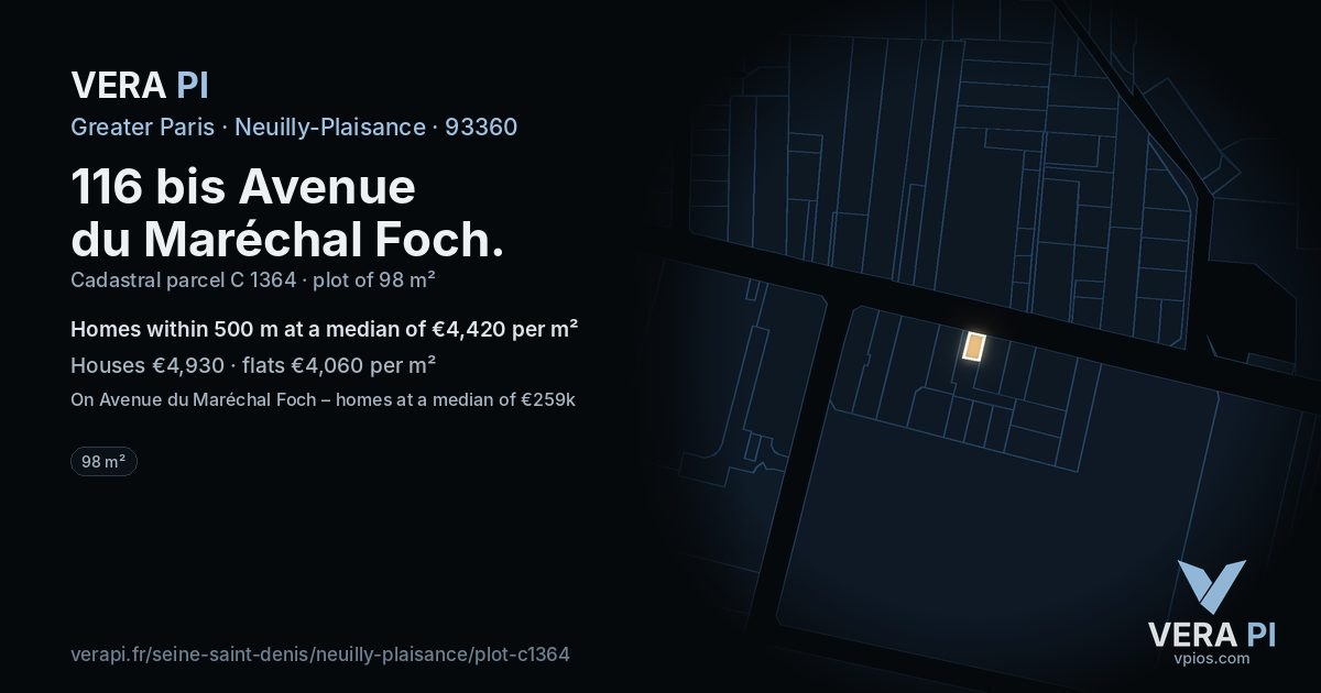 116 bis Avenue du Maréchal Foch, Neuilly-Plaisance at night – the plot lit, the parcels around coloured by the prices near them