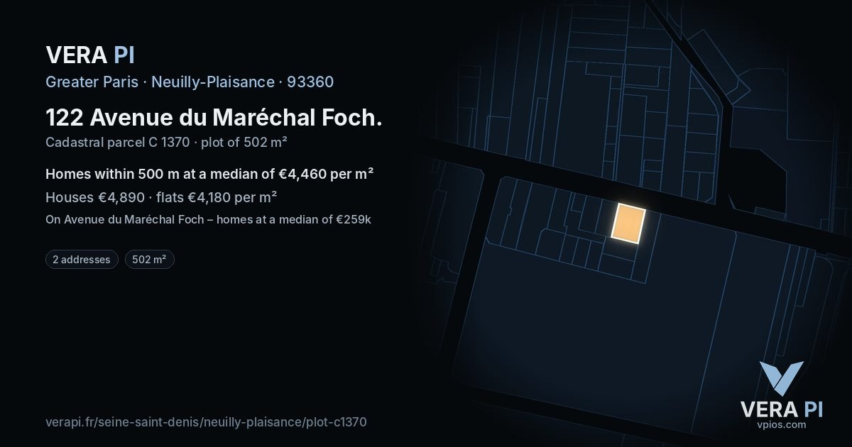 122 Avenue du Maréchal Foch, Neuilly-Plaisance at night – the plot lit, the parcels around coloured by the prices near them