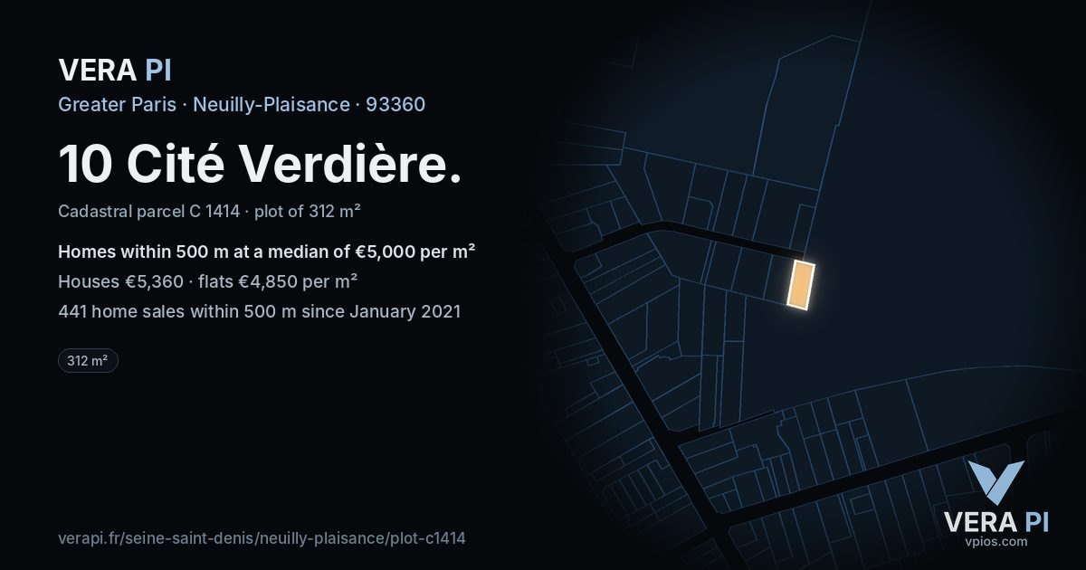10 Cité Verdière, Neuilly-Plaisance at night – the plot lit, the parcels around coloured by the prices near them