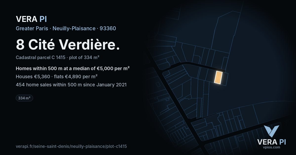 8 Cité Verdière, Neuilly-Plaisance at night – the plot lit, the parcels around coloured by the prices near them