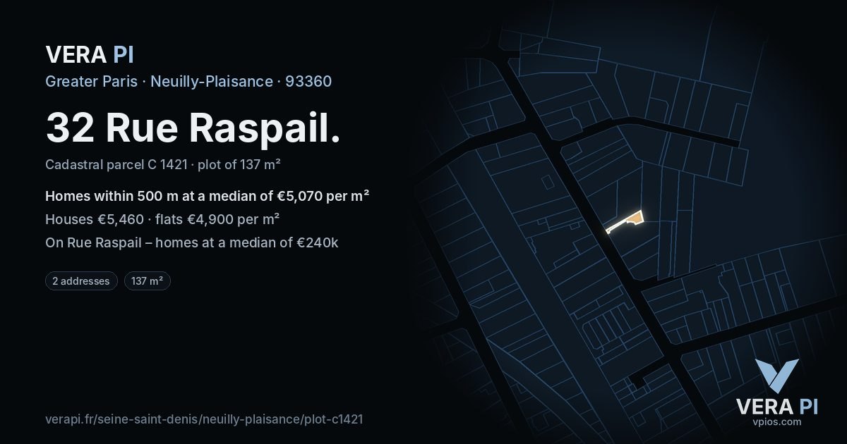 32 Rue Raspail, Neuilly-Plaisance at night – the plot lit, the parcels around coloured by the prices near them