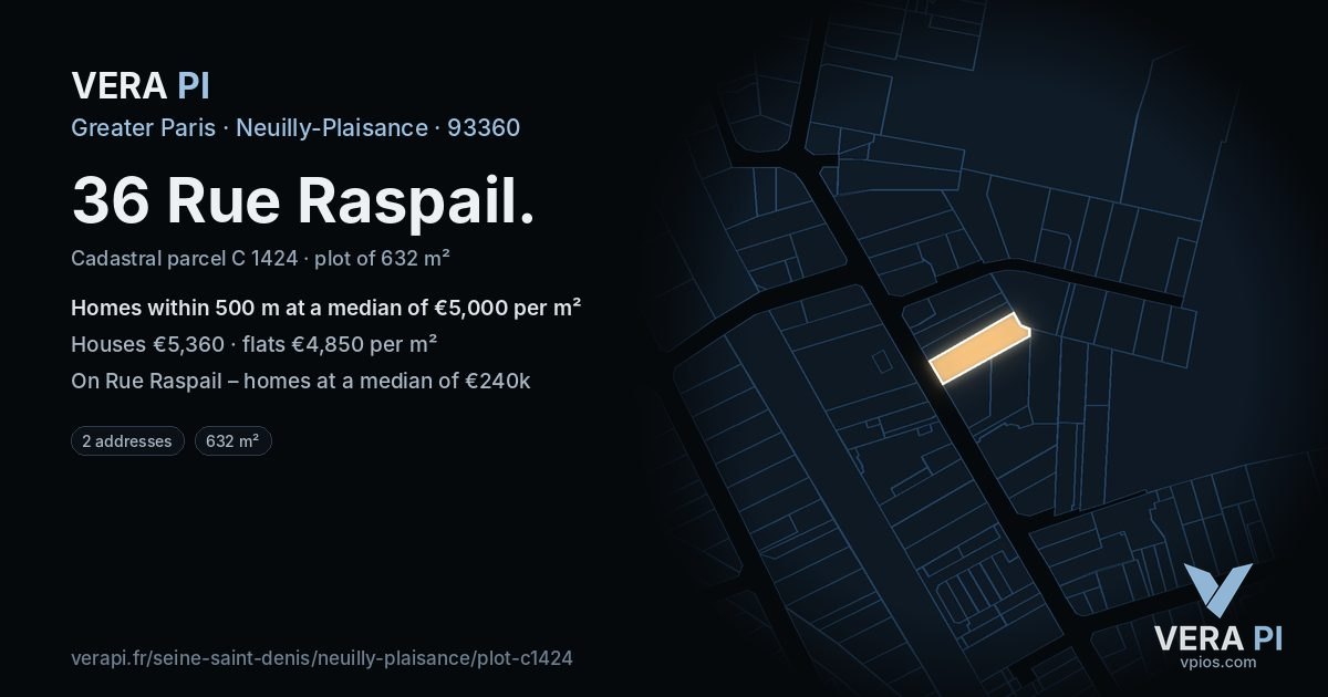 36 Rue Raspail, Neuilly-Plaisance at night – the plot lit, the parcels around coloured by the prices near them