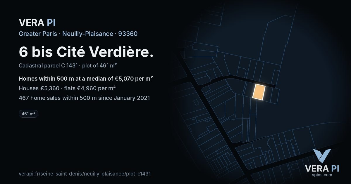6 bis Cité Verdière, Neuilly-Plaisance at night – the plot lit, the parcels around coloured by the prices near them