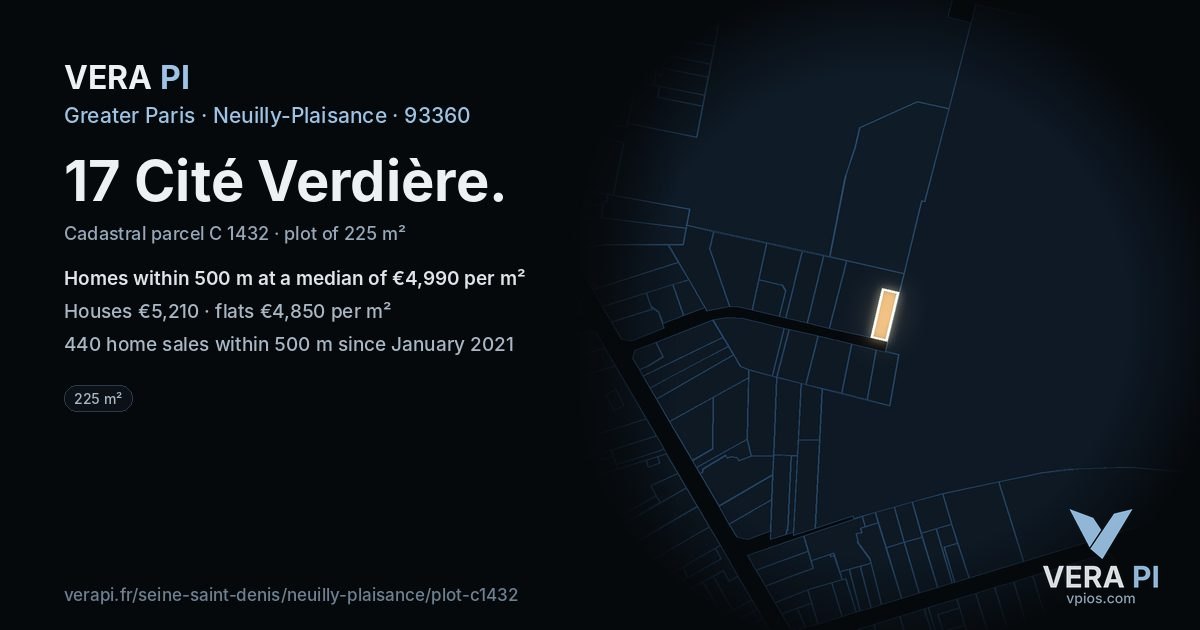 17 Cité Verdière, Neuilly-Plaisance at night – the plot lit, the parcels around coloured by the prices near them