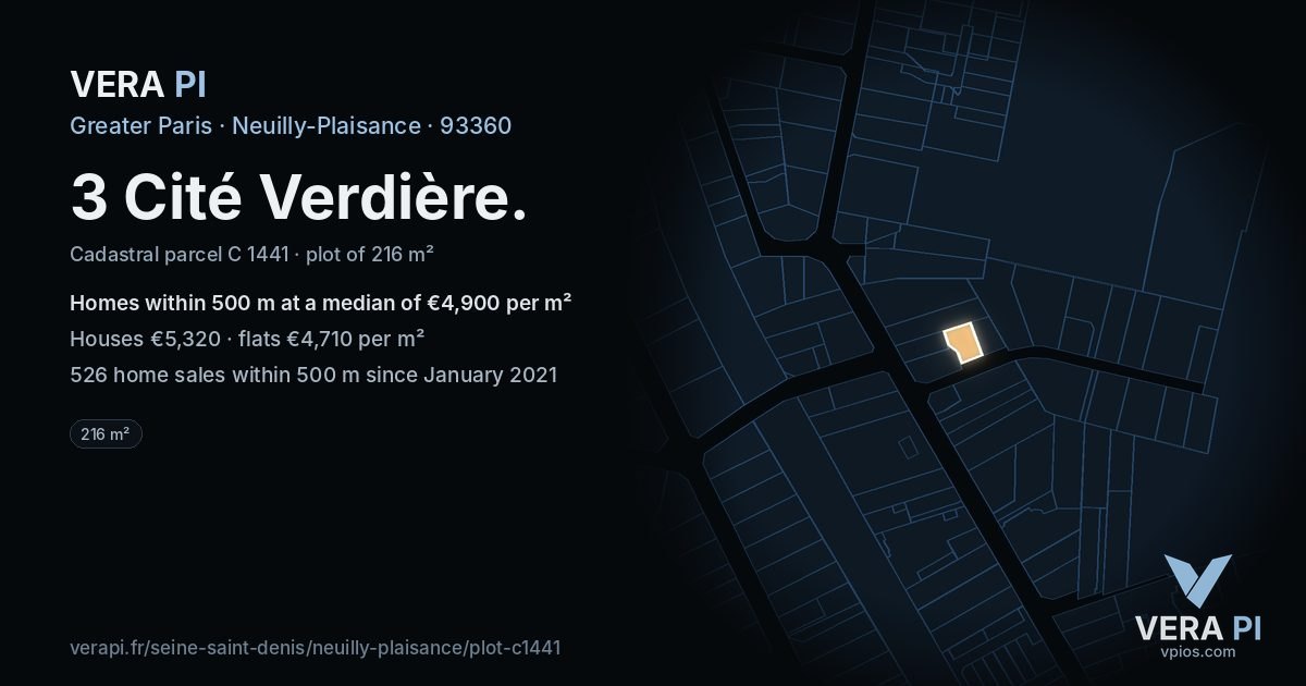 3 Cité Verdière, Neuilly-Plaisance at night – the plot lit, the parcels around coloured by the prices near them