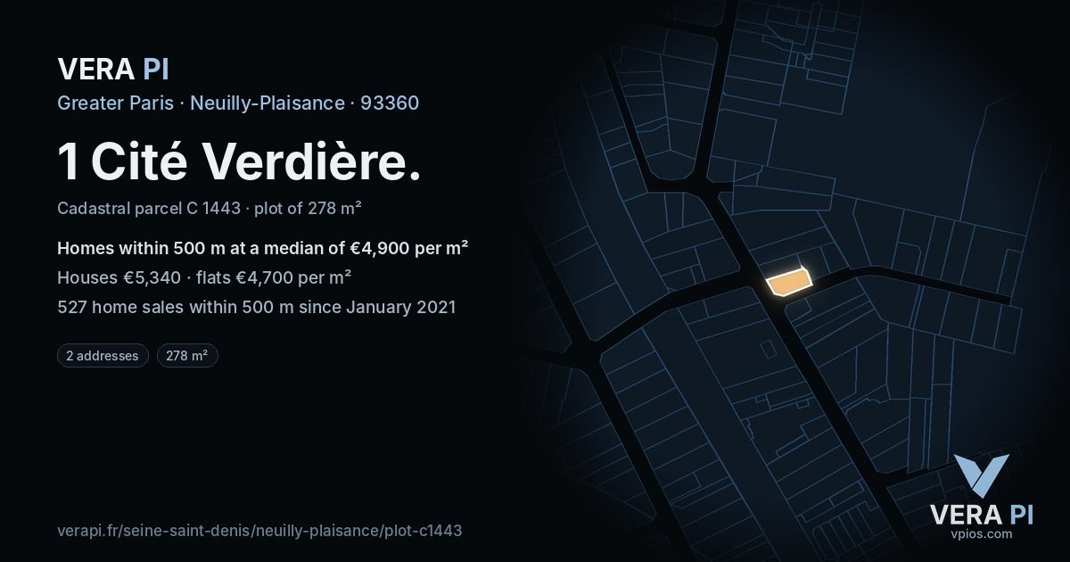 1 Cité Verdière, Neuilly-Plaisance at night – the plot lit, the parcels around coloured by the prices near them
