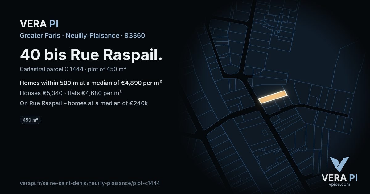 40 bis Rue Raspail, Neuilly-Plaisance at night – the plot lit, the parcels around coloured by the prices near them