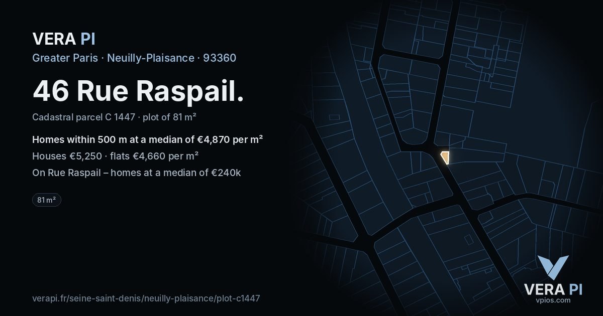 46 Rue Raspail, Neuilly-Plaisance at night – the plot lit, the parcels around coloured by the prices near them