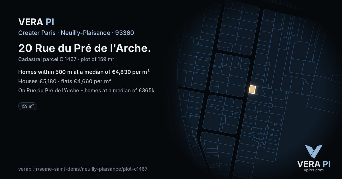 20 Rue du Pré de l'Arche, Neuilly-Plaisance at night – the plot lit, the parcels around coloured by the prices near them