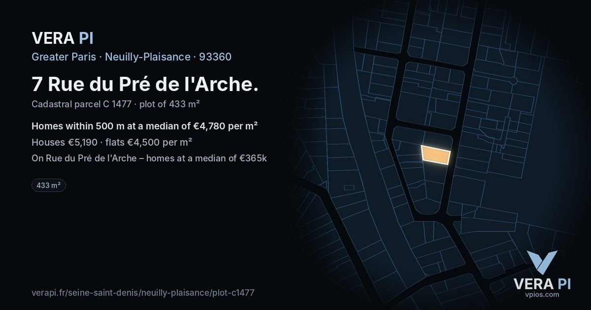 7 Rue du Pré de l'Arche, Neuilly-Plaisance at night – the plot lit, the parcels around coloured by the prices near them