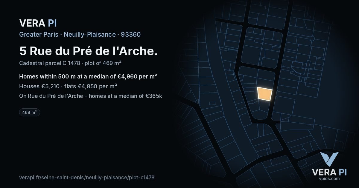 5 Rue du Pré de l'Arche, Neuilly-Plaisance at night – the plot lit, the parcels around coloured by the prices near them