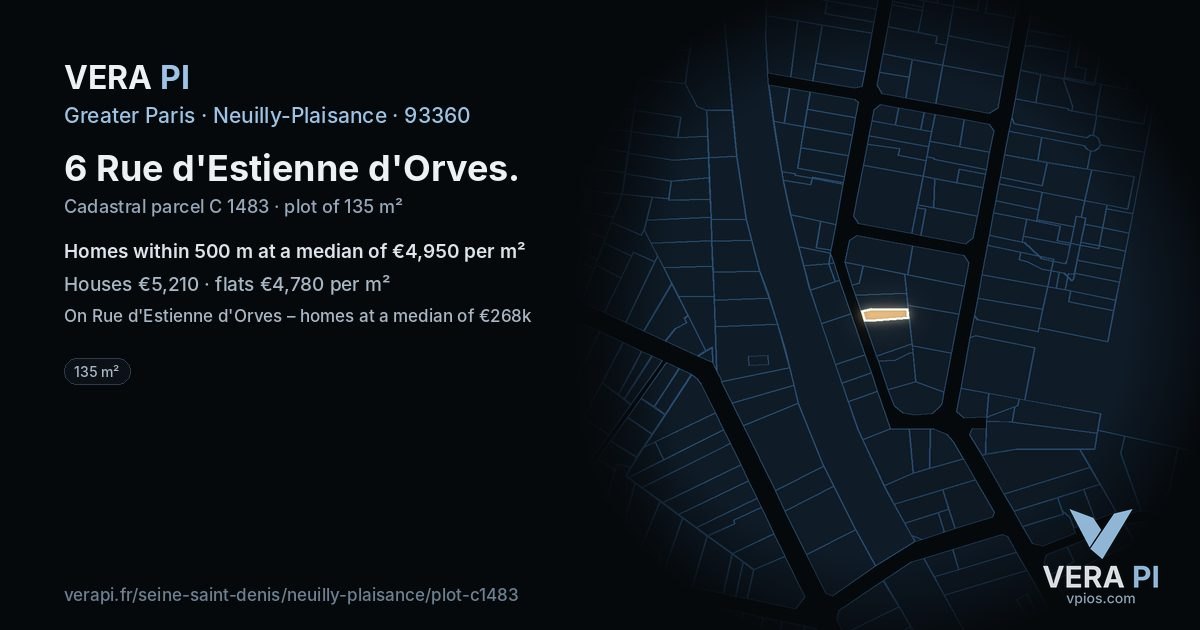 6 Rue d'Estienne d'Orves, Neuilly-Plaisance at night – the plot lit, the parcels around coloured by the prices near them