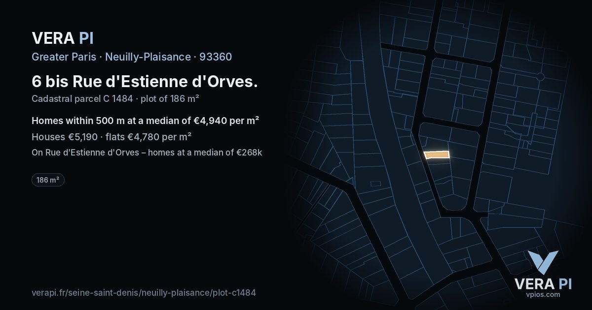 6 bis Rue d'Estienne d'Orves, Neuilly-Plaisance at night – the plot lit, the parcels around coloured by the prices near them