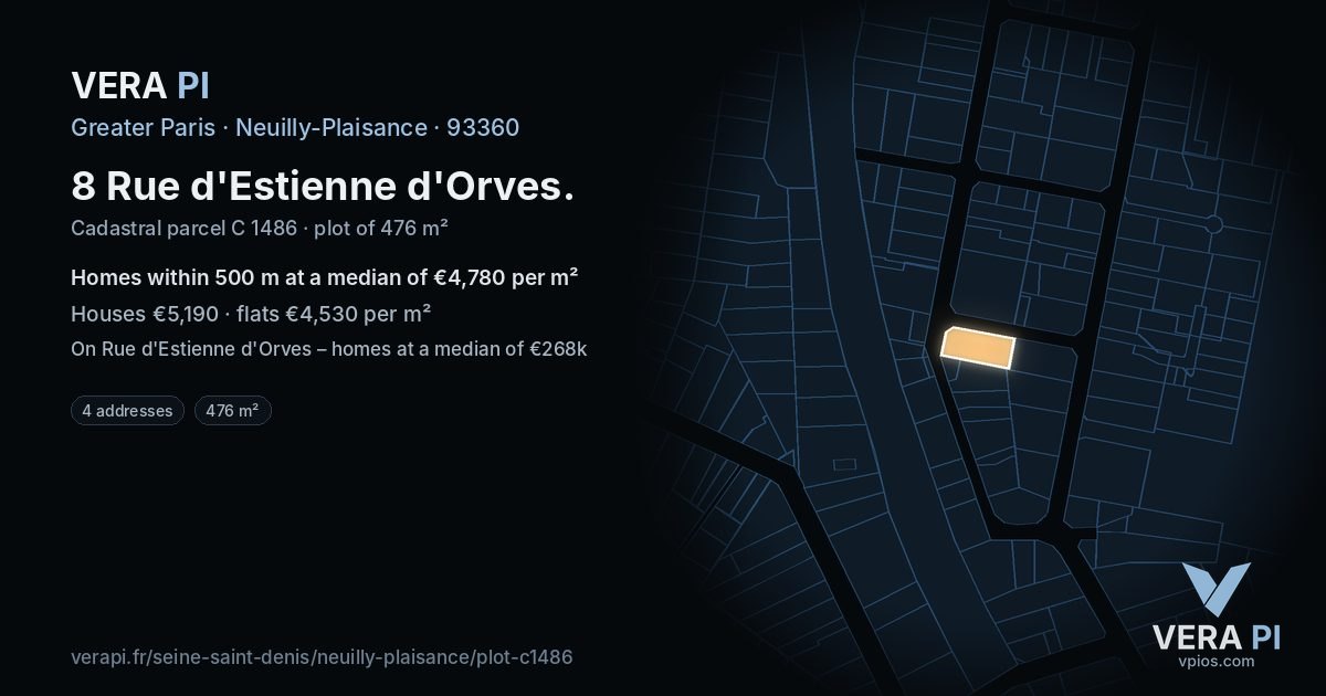 8 Rue d'Estienne d'Orves, Neuilly-Plaisance at night – the plot lit, the parcels around coloured by the prices near them