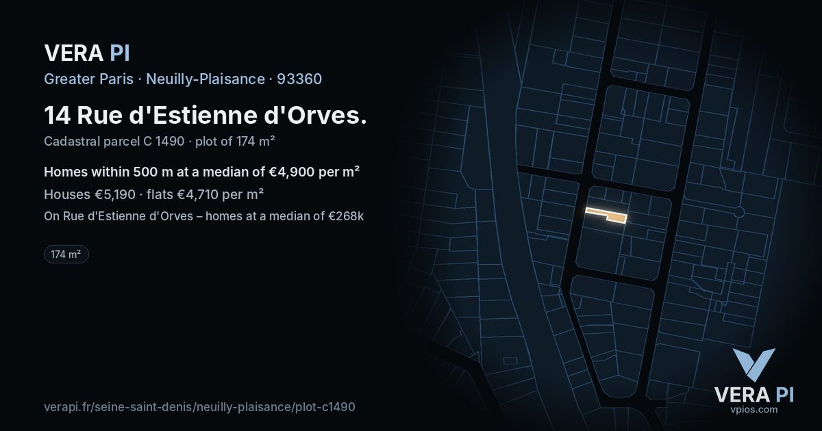 14 Rue d'Estienne d'Orves, Neuilly-Plaisance at night – the plot lit, the parcels around coloured by the prices near them