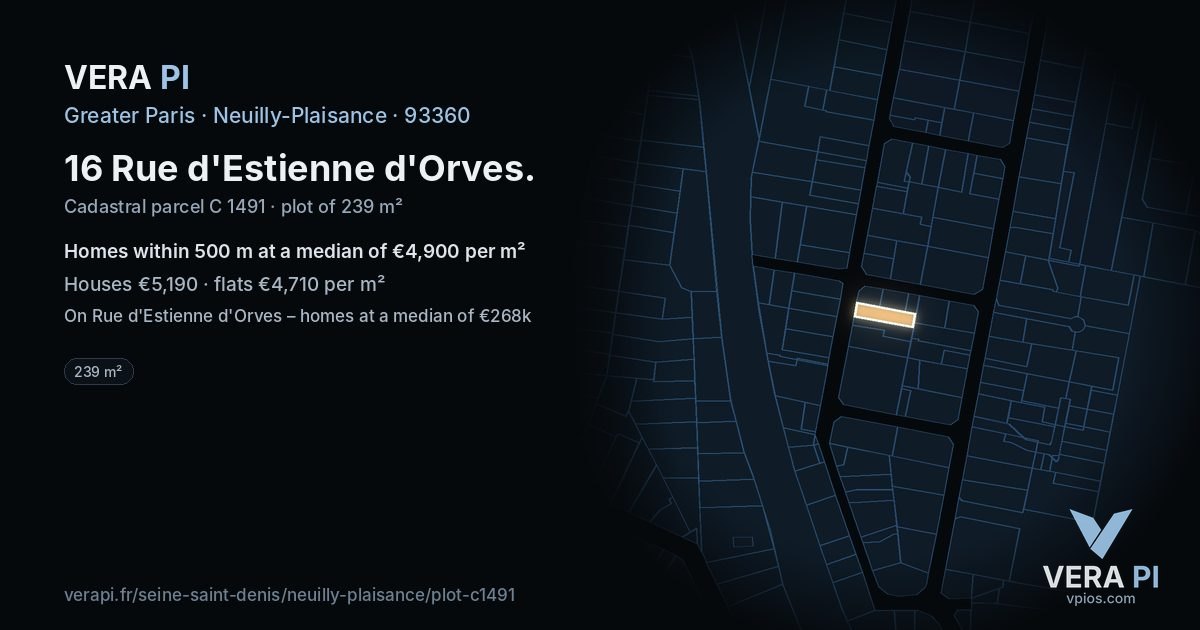 16 Rue d'Estienne d'Orves, Neuilly-Plaisance at night – the plot lit, the parcels around coloured by the prices near them
