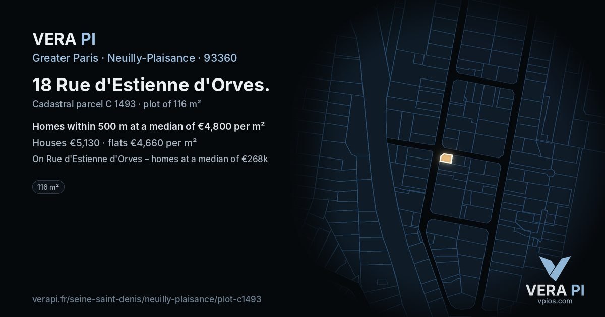 18 Rue d'Estienne d'Orves, Neuilly-Plaisance at night – the plot lit, the parcels around coloured by the prices near them