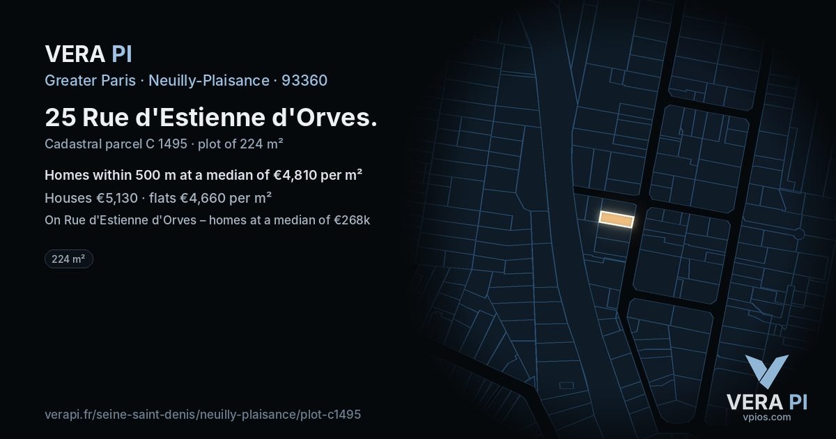 25 Rue d'Estienne d'Orves, Neuilly-Plaisance at night – the plot lit, the parcels around coloured by the prices near them