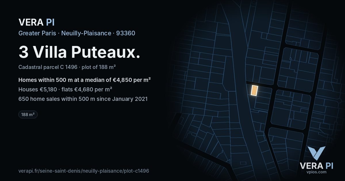 3 Villa Puteaux, Neuilly-Plaisance at night – the plot lit, the parcels around coloured by the prices near them