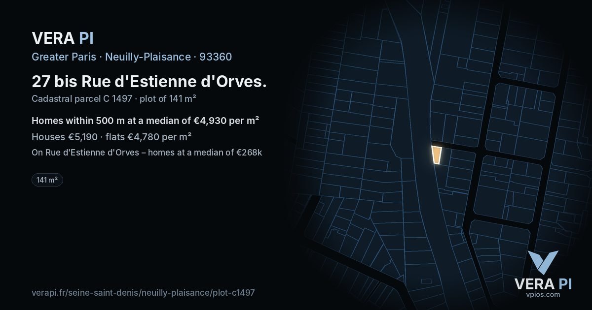27 bis Rue d'Estienne d'Orves, Neuilly-Plaisance at night – the plot lit, the parcels around coloured by the prices near them