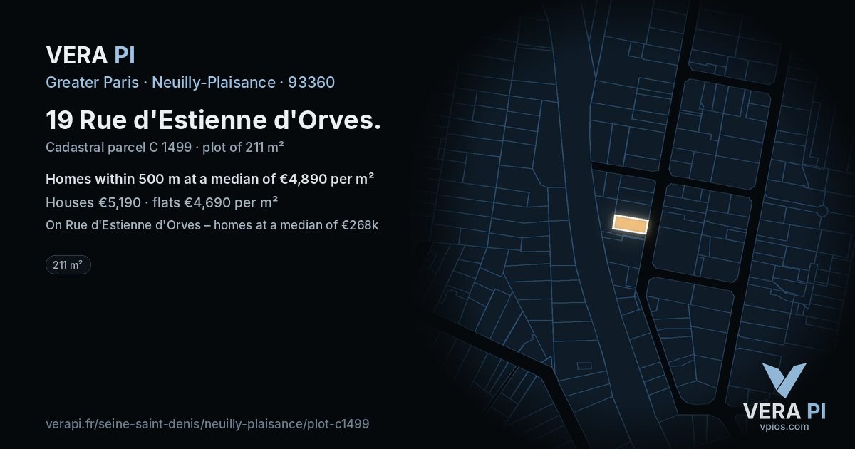19 Rue d'Estienne d'Orves, Neuilly-Plaisance at night – the plot lit, the parcels around coloured by the prices near them
