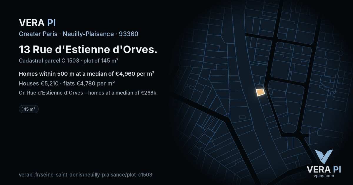 13 Rue d'Estienne d'Orves, Neuilly-Plaisance at night – the plot lit, the parcels around coloured by the prices near them