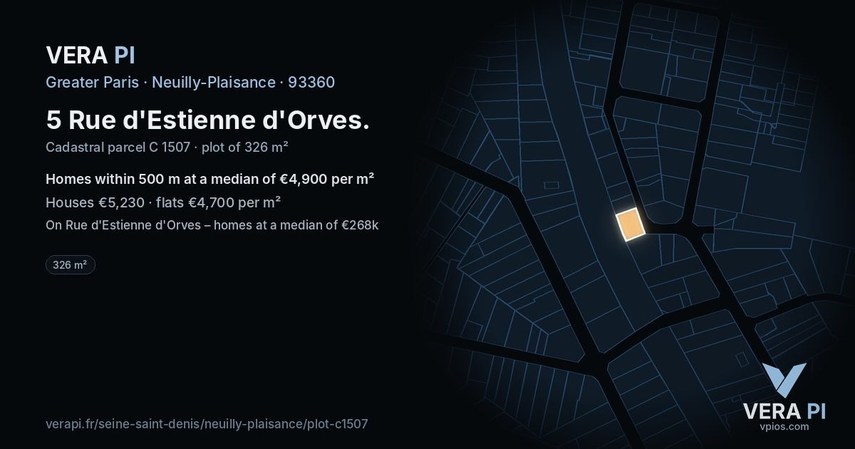 5 Rue d'Estienne d'Orves, Neuilly-Plaisance at night – the plot lit, the parcels around coloured by the prices near them
