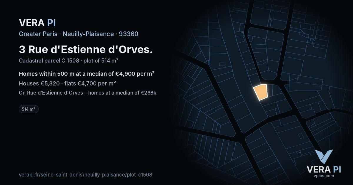 3 Rue d'Estienne d'Orves, Neuilly-Plaisance at night – the plot lit, the parcels around coloured by the prices near them
