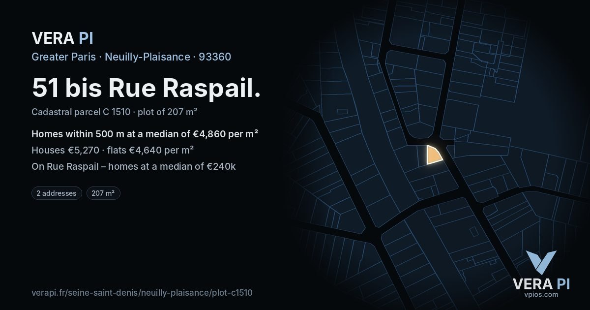 51 bis Rue Raspail, Neuilly-Plaisance at night – the plot lit, the parcels around coloured by the prices near them