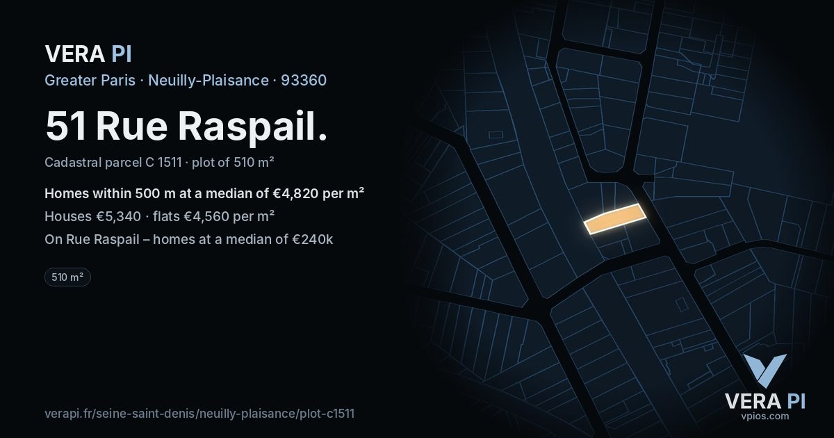 51 Rue Raspail, Neuilly-Plaisance at night – the plot lit, the parcels around coloured by the prices near them