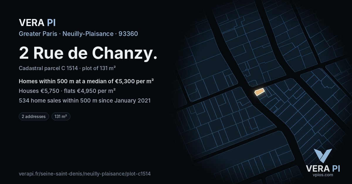 2 Rue de Chanzy, Neuilly-Plaisance at night – the plot lit, the parcels around coloured by the prices near them