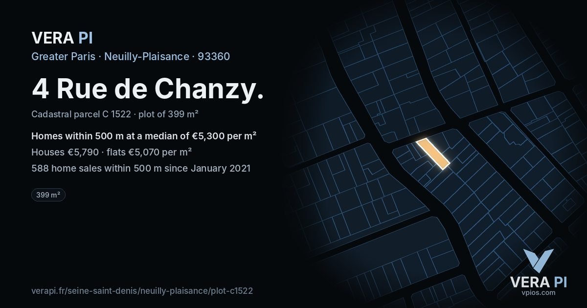 4 Rue de Chanzy, Neuilly-Plaisance at night – the plot lit, the parcels around coloured by the prices near them