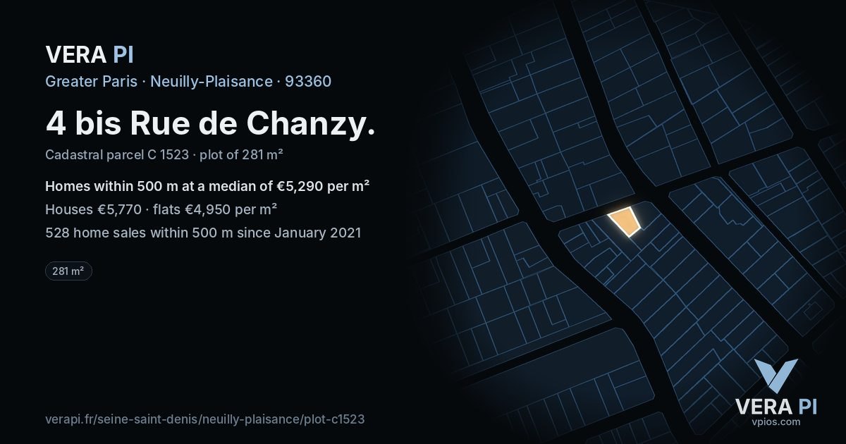 4 bis Rue de Chanzy, Neuilly-Plaisance at night – the plot lit, the parcels around coloured by the prices near them