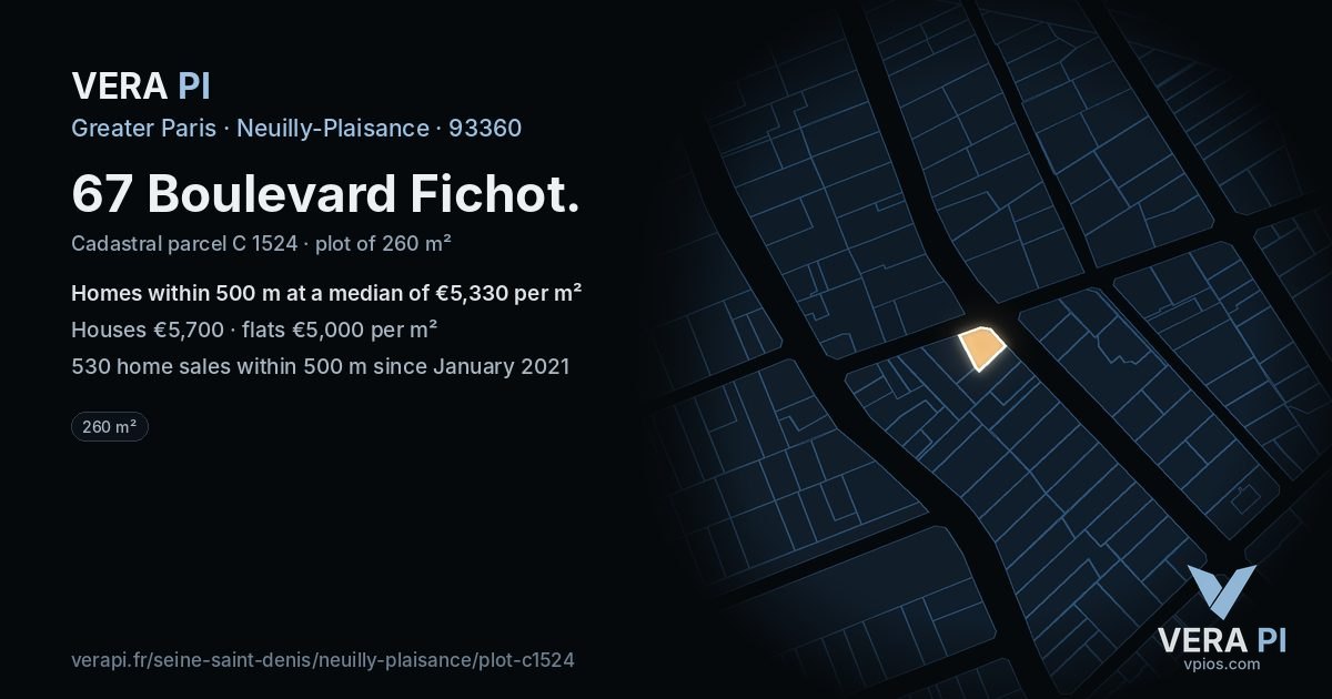 67 Boulevard Fichot, Neuilly-Plaisance at night – the plot lit, the parcels around coloured by the prices near them