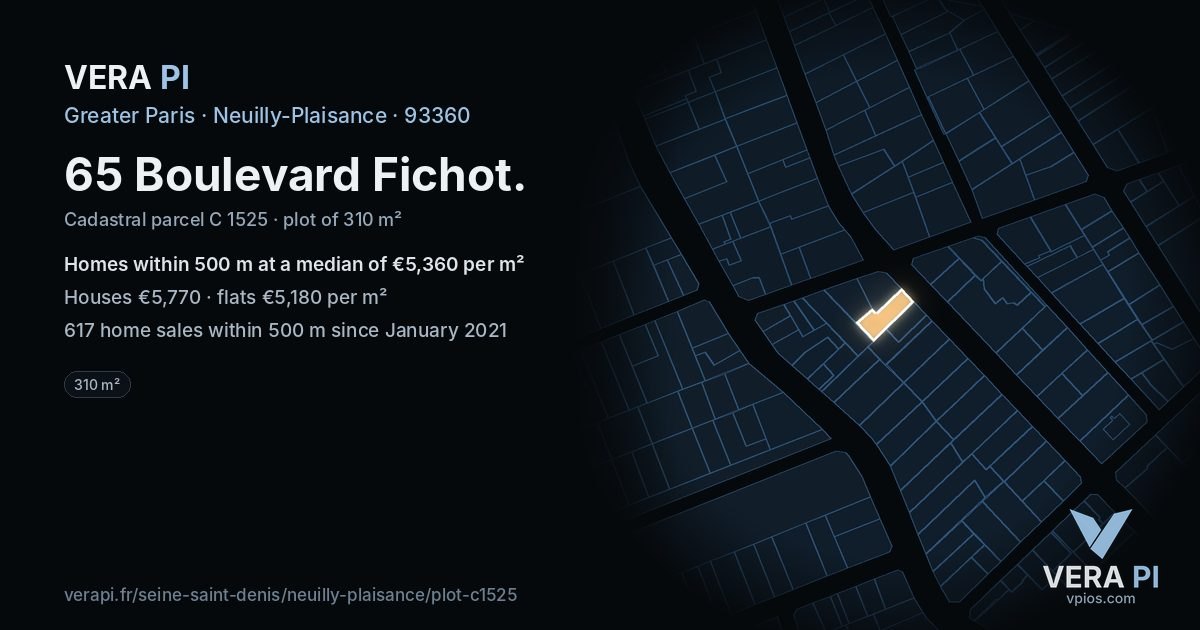 65 Boulevard Fichot, Neuilly-Plaisance at night – the plot lit, the parcels around coloured by the prices near them