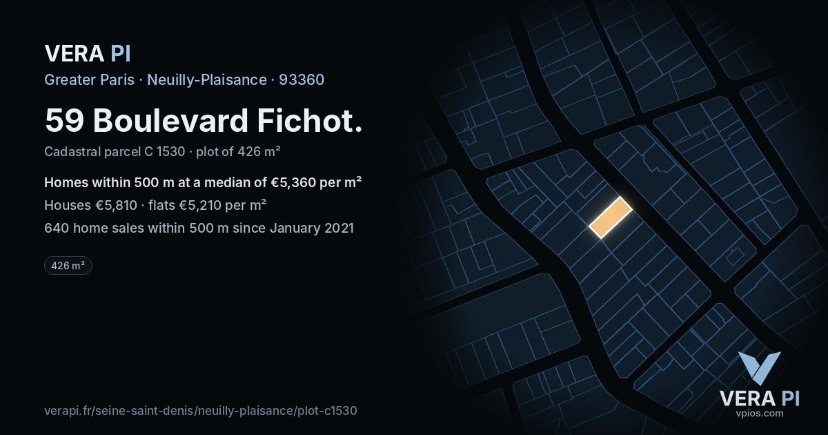 59 Boulevard Fichot, Neuilly-Plaisance at night – the plot lit, the parcels around coloured by the prices near them