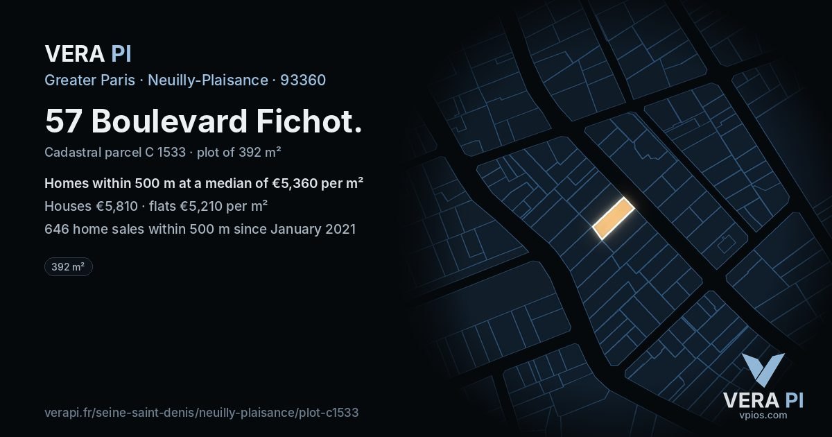 57 Boulevard Fichot, Neuilly-Plaisance at night – the plot lit, the parcels around coloured by the prices near them