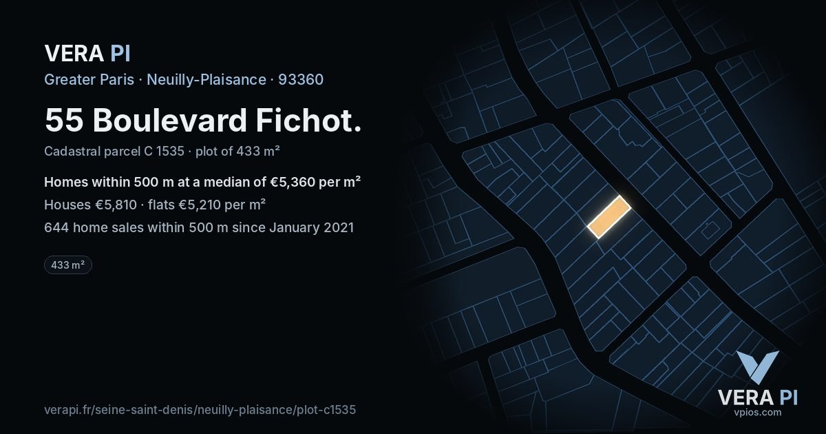 55 Boulevard Fichot, Neuilly-Plaisance at night – the plot lit, the parcels around coloured by the prices near them