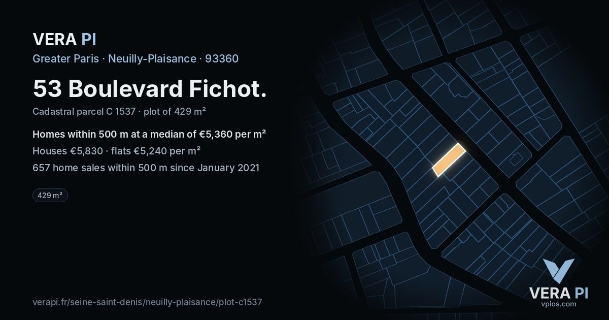 53 Boulevard Fichot, Neuilly-Plaisance at night – the plot lit, the parcels around coloured by the prices near them