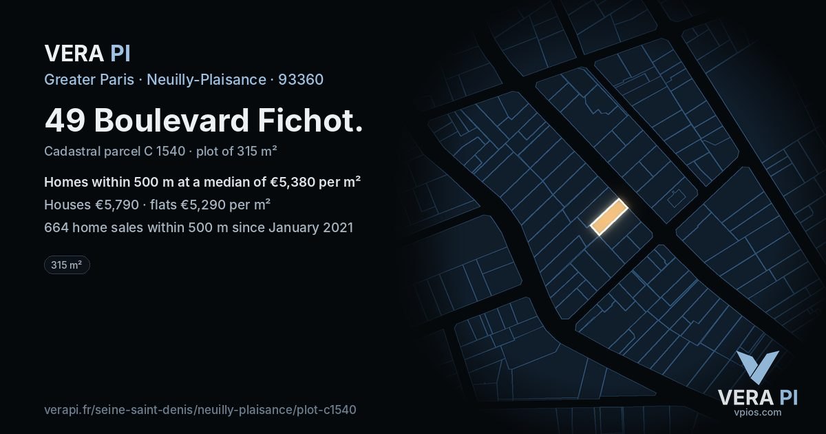 49 Boulevard Fichot, Neuilly-Plaisance at night – the plot lit, the parcels around coloured by the prices near them