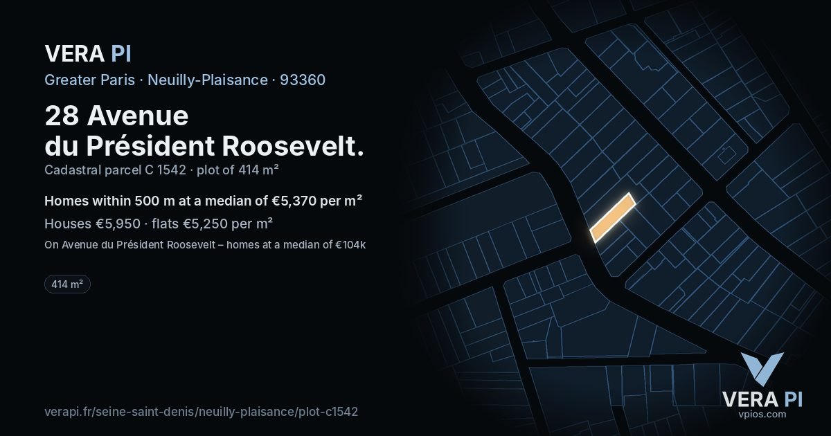 28 Avenue du Président Roosevelt, Neuilly-Plaisance at night – the plot lit, the parcels around coloured by the prices near them