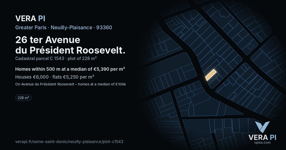 26 ter Avenue du Président Roosevelt, Neuilly-Plaisance at night – the plot lit, the parcels around coloured by the prices near them